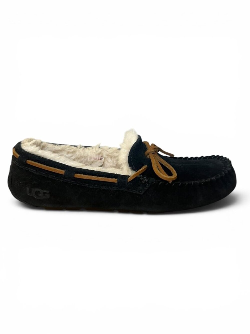 UGG Womens Dakota Black Suede Moccasin Slippers With Sheepskin Lining Size 7